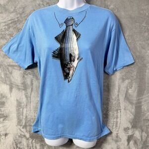 Vintage 1987 FisherGraphics Fish Necktie Tee Hanes Fifty-Fifty USA Size L Blue